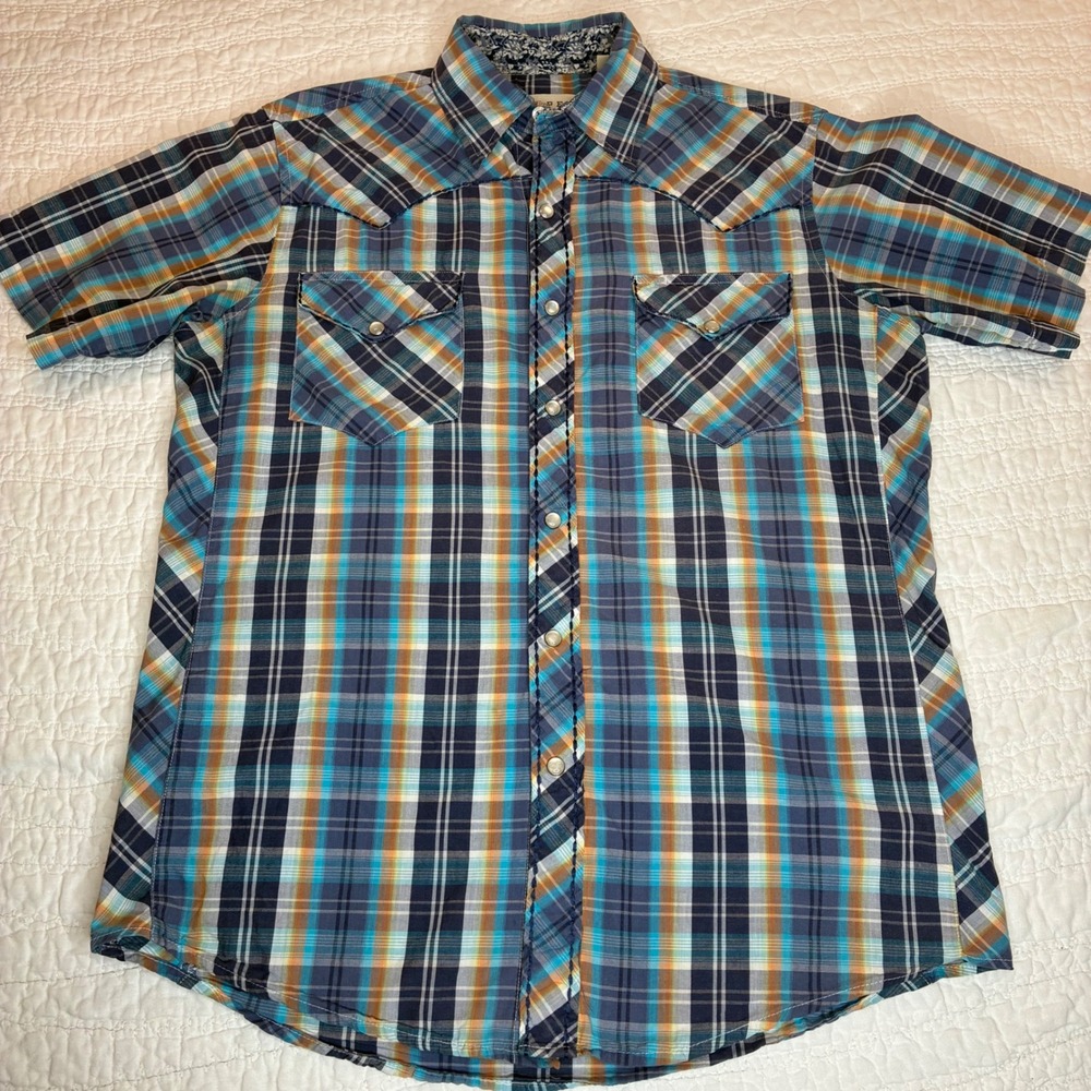Roper Western Shirt Mens Small Blue Orange Plaid Pearl Snap Short Sleeve Cotton
